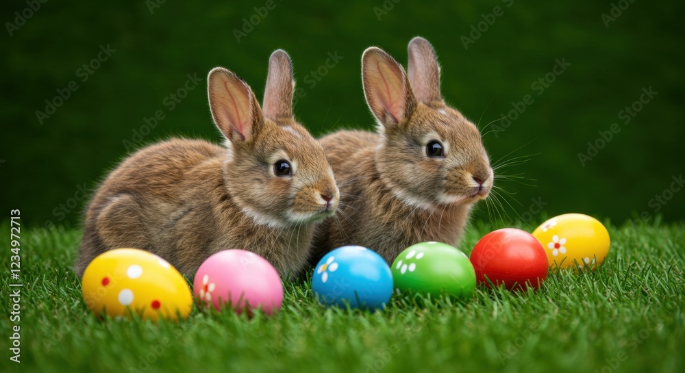 Fototapeta premium Little Easter bunny and Easter eggs on green grass