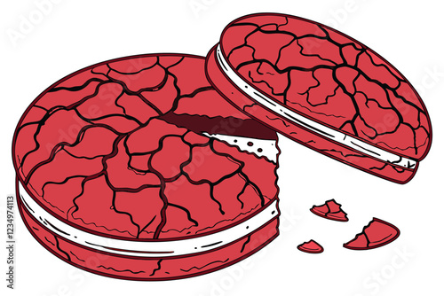Red velvet cookie, circular shape, cracked surface, vibrant crimson color, rich texture, baked goods, close-up photography, white background, high contrast, detailed crumb structure, gourmet dessert, 