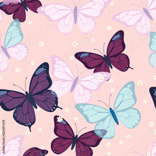 Vibrant butterfly patterns dance on a soft pastel background, inspiring a sense of tranquility and beauty photo