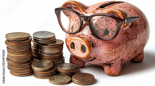 A piggy bank wearing glasses surrounded by stacks of coins, symbolizing savings and finance photo