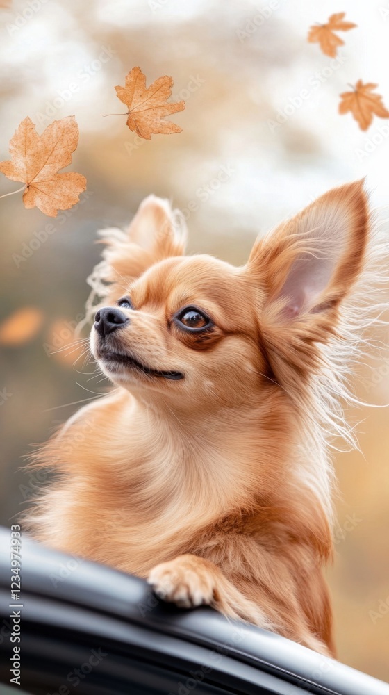 Obraz premium A happy dog with fluffy fur leans out of a car window, enjoying the breeze amidst falling autumn leaves.