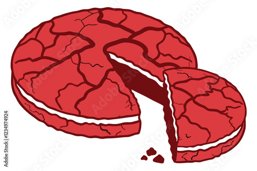 Red velvet cookie, circular shape, cracked surface, vibrant crimson color, rich texture, baked goods, close-up photography, white background, high contrast, detailed crumb structure, gourmet dessert, 