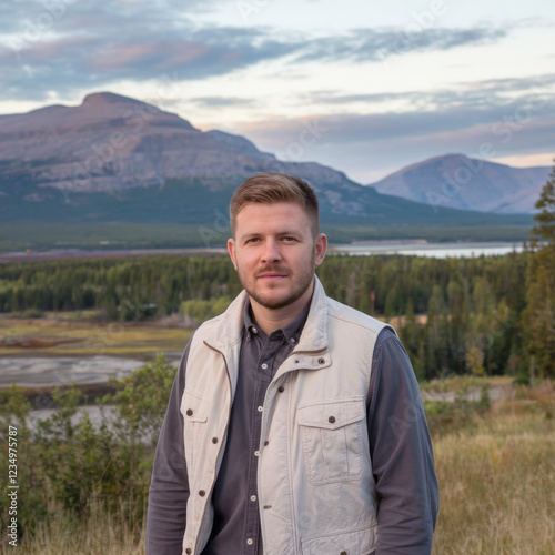 Adventurer exploring nature with lakes and mountains in the background