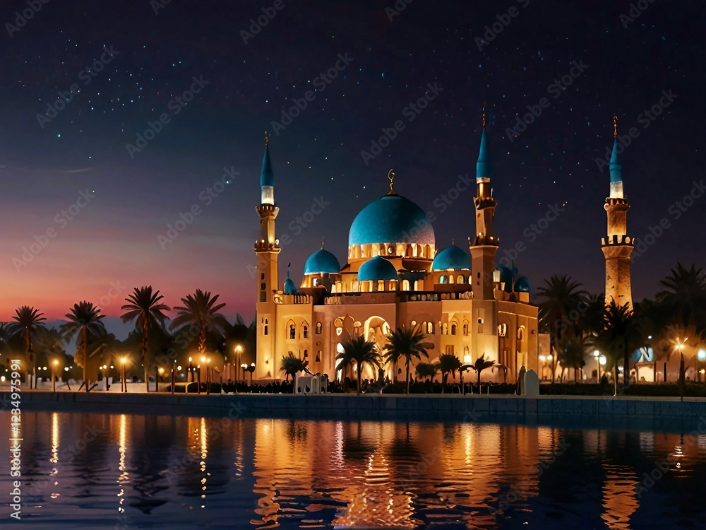 Fototapeta premium Ramadan Tranquility: A Grand Mosque with Golden Domes and Minarets