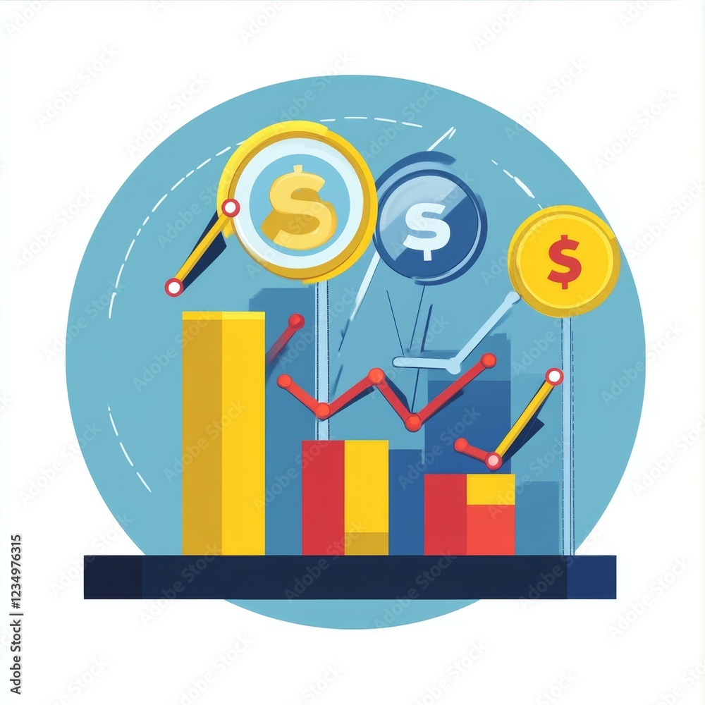 Financial Analysis with Magnifying Glass and Coin Icons Showing Stock Trend And Data Bar Chart Financial Analysis with Magnifying Glass and Coin Icons Showing Stock Trend And Data Bar Chart