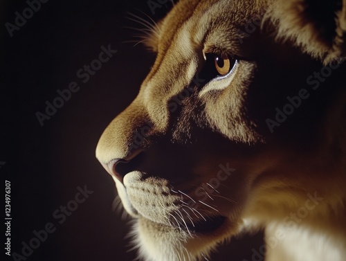 A close-up cinematic still of a lion with detailed fur and intense gaze, captured in natural lighting emphasizing its majestic features. photo
