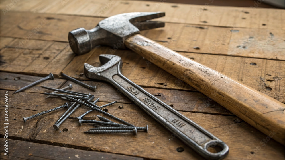 Hammer and wrench with nails and bolts on wooden surface for Labor Day Hammer and wrench with nails and bolts on wooden surface for Labor Day