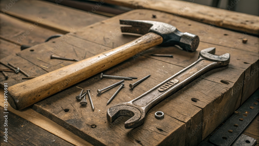 Hammer and wrench with nails and bolts on wooden surface for Labor Day Hammer and wrench with nails and bolts on wooden surface for Labor Day