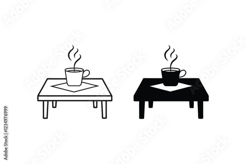 Tea cup with thtable icon. Tea cup icon. Cup of coffee tea table collection. Tea table flat vector art design. Teacup symbol style. Coffee table sign stock isolated illustration on a white background.