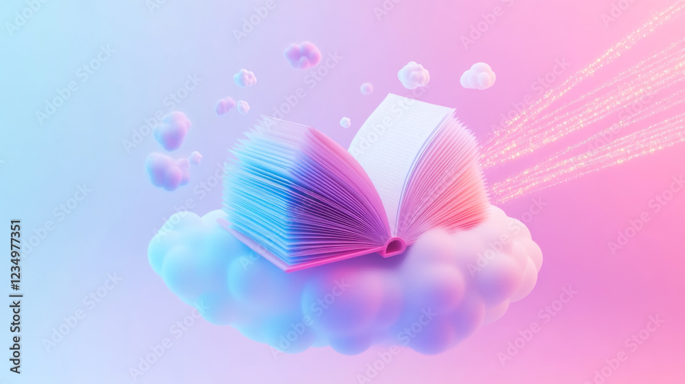 Fototapeta premium Open book floating on cloud imaginative concept dreamy environment digital art