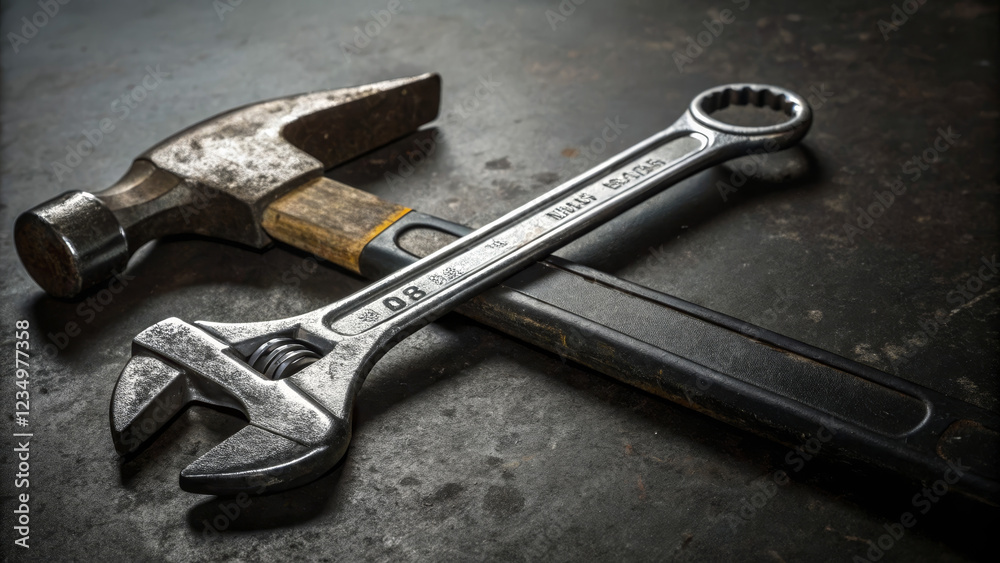Hammer and wrench crossed on metallic surface for Labor Day Hammer and wrench crossed on metallic surface for Labor Day