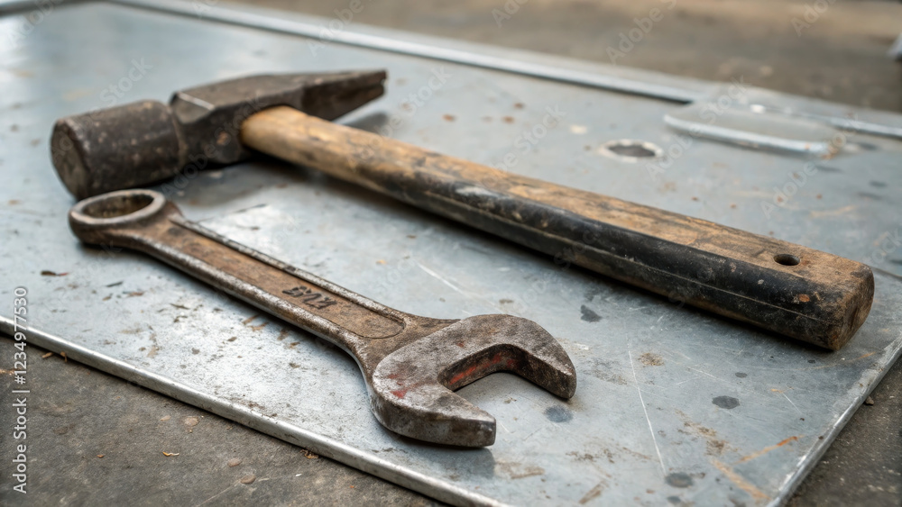 Wrench and hammer on metal work surface for Labor Day Wrench and hammer on metal work surface for Labor Day