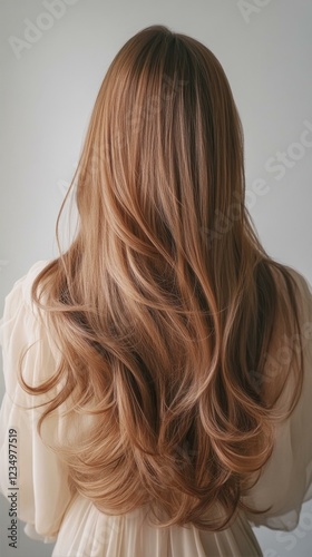 Long Flowing Hair with Highlights in Front of Solid Background Showing the Back of Person