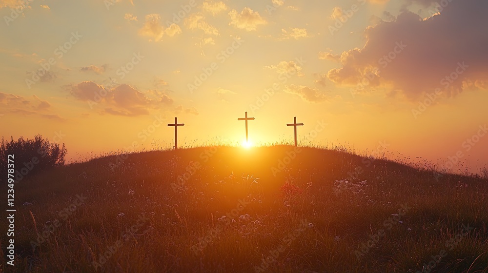 Obraz premium Sunset over a field with three crosses on a hill, symbolizing the Crucifixion, peaceful sky 