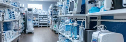 Medical Supply Room With Shelves Full Of Equipment And Packaged Items In A Hospital Setting