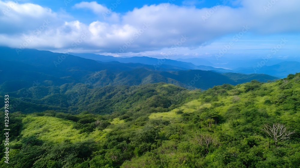 Panoramic Mountain Range Overlooking Rolling Clouds under Blue Sky : Generative AI Panoramic Mountain Range Overlooking Rolling Clouds under Blue Sky : Generative AI