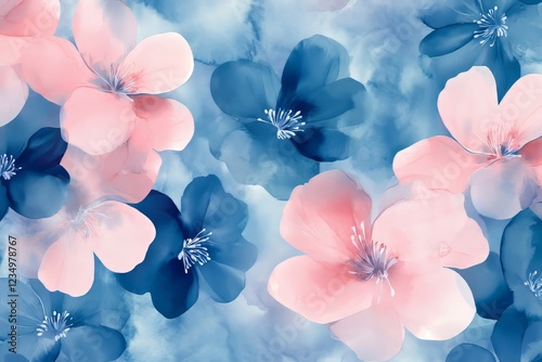 A Dreamy Watercolor Painting Of Pink And Blue Flowers, Creating A Serene And Calming Atmosphere.