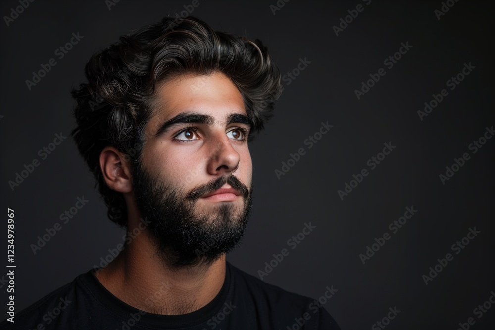 A young model with a beard and dark hair posing in front of the camera A young model with a beard and dark hair posing in front of the camera
