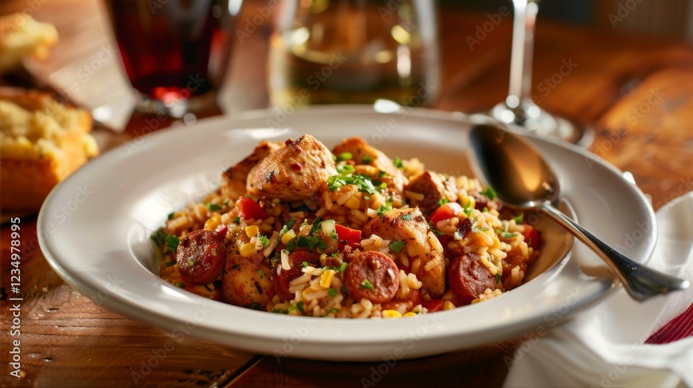 Plated Rice And Chicken Meal With Sausage And Corn Kernels Served On A White Plate Plated Rice And Chicken Meal With Sausage And Corn Kernels Served On A White Plate
