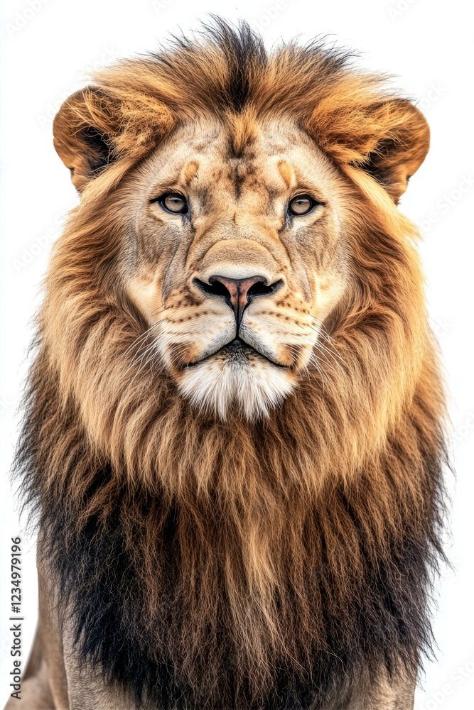 Portrait of a Lion with a Prominent Mane Focused on the Face and Upper Body on White Background Portrait of a Lion with a Prominent Mane Focused on the Face and Upper Body on White Background