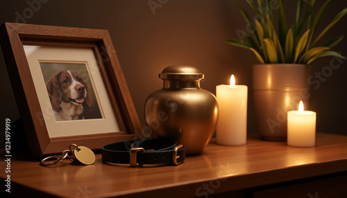 Heartfelt pet mortuary urn with ash and photo on wooden table. Pet cremation. Pet funeral urn.