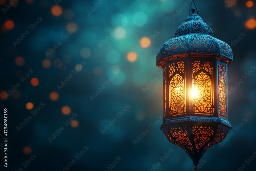 A Glowing Ramadan Lantern Hangs Against A Softly Blurred Teal Background, Creating A Peaceful And Spiritual Mood. A Glowing Ramadan Lantern Hangs Against A Softly Blurred Teal Background, Creating A Peaceful And Spiritual Mood.