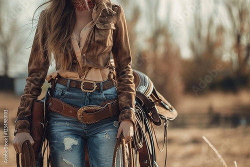 A Sexy cowgirl hold saddle and whip.