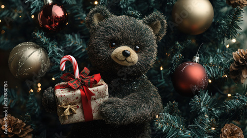 A Little Bear toy is holding a candy cane and a gift.