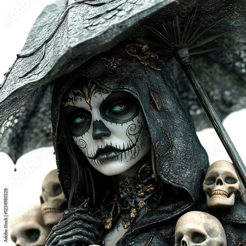 Woman with Skeleton Makeup Holding Umbrella with Skulls