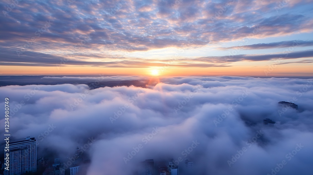 Fototapeta premium Sunset View from City Rooftop Above Dense Cloud Cover with Vibrant Horizon : Generative AI