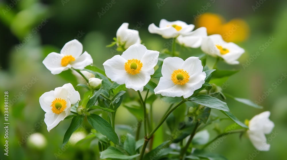 White Anemone Flowers in Lush Green Garden Setting : Generative AI