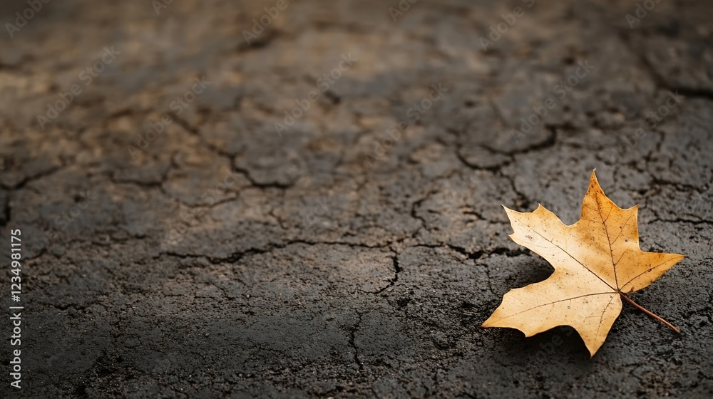 Lone Autumn Leaf on Dry Cracked Earth in Natural Setting : Generative AI Lone Autumn Leaf on Dry Cracked Earth in Natural Setting : Generative AI
