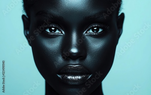 A striking portrait showcasing beauty and elegance against a vibrant turquoise background.