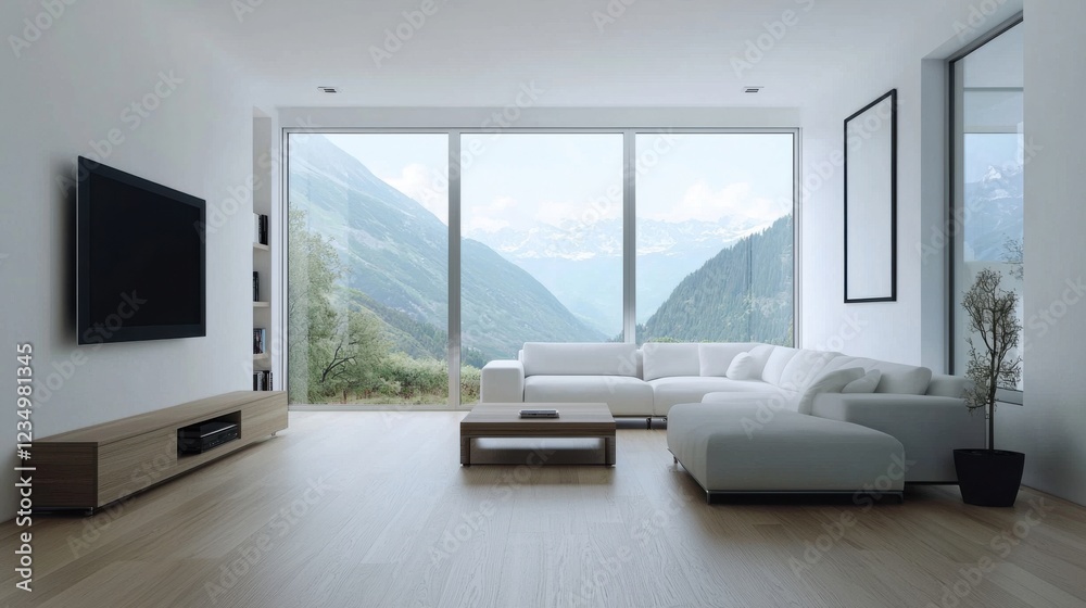 A modern living room featuring large windows with mountain views, minimalist furniture, and a neutral color palette, creating a serene atmosphere. A modern living room featuring large windows with mountain views, minimalist furniture, and a neutral color palette, creating a serene atmosphere.