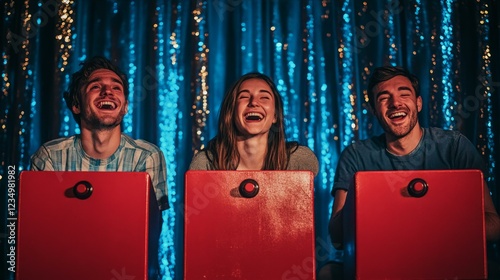 Three People Laughing Behind Red Boxes Against Shimmery Background On Brightly Lit Stage photo