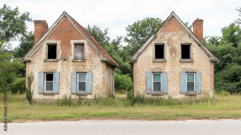 Two Abandoned Houses Stand Side by Side with Shutters in a Rural and Overgrown Landscape Two Abandoned Houses Stand Side by Side with Shutters in a Rural and Overgrown Landscape