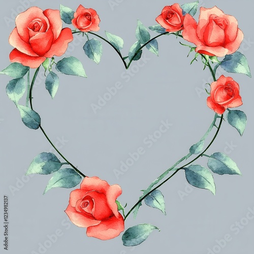 A heart-shaped arrangement of vibrant roses surrounded by green leaves, set against a soft gray background.
