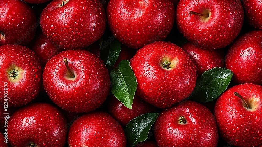 Close-up of Dew-Covered Red Apples with Green Leaves Close-up of Dew-Covered Red Apples with Green Leaves