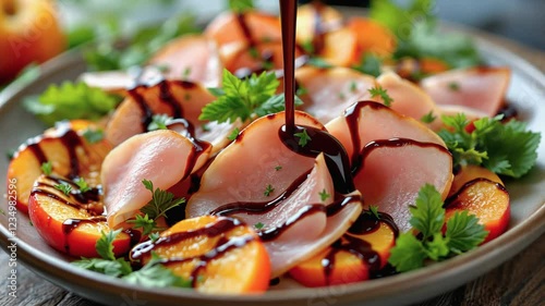 Thinly sliced ham drizzled with balsamic glaze over a fresh green salad. The glossy dressing enhances the rich flavors of the dish. Concept of fine dining and gourmet presentation