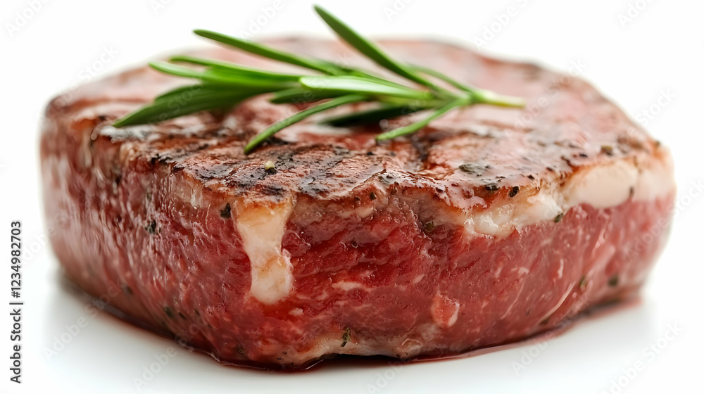 Grilled steak with rosemary, close-up shot, white background, food photography Grilled steak with rosemary, close-up shot, white background, food photography