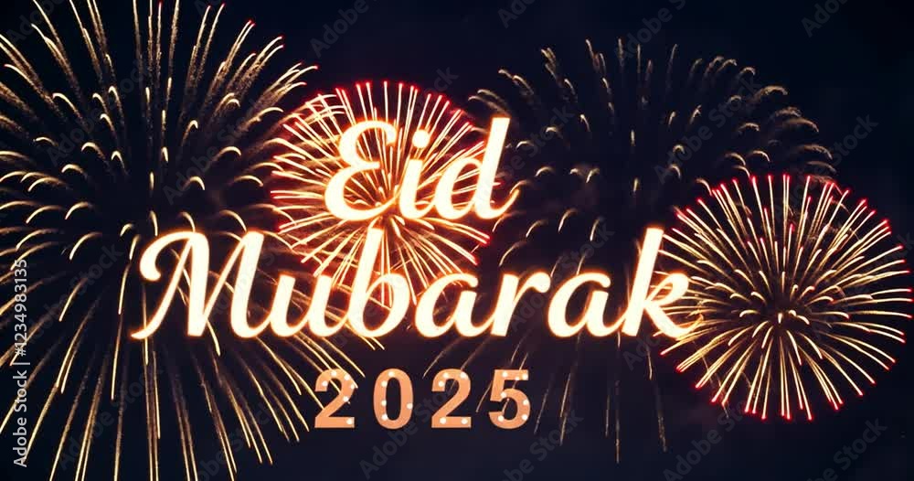 Eid Mubarak 2025 Text Effect Provides Islamic, Ramadan and Mosque Designs With Fireworks Fragments. 4k videos