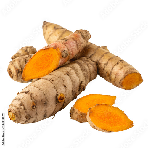 Whole and sliced turmeric roots on a transparent background. photo