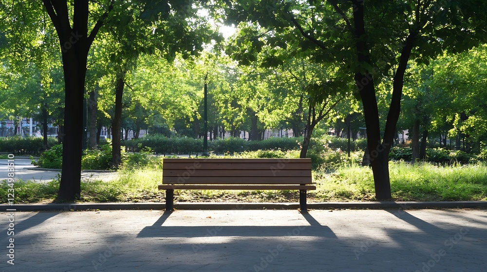 Serene Bench in Lush Green Park Surrounded by SunDappled Trees and Nature : Generative AI Serene Bench in Lush Green Park Surrounded by SunDappled Trees and Nature : Generative AI