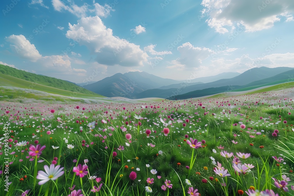 A serene landscape filled with colorful flowers under a bright blue sky and distant mountains. A serene landscape filled with colorful flowers under a bright blue sky and distant mountains.