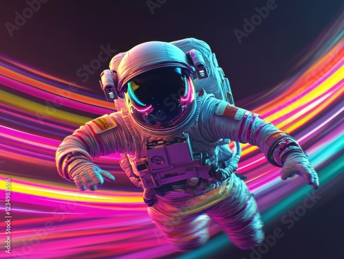 A vibrant illustration of an astronaut floating in space with swirling neon lights creating a dynamic background, showcasing vivid colors and a futuristic vibe.
