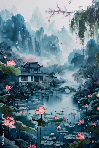 A serene landscape with a tranquil pond, blooming lotuses, and mountainous backdrop. photo