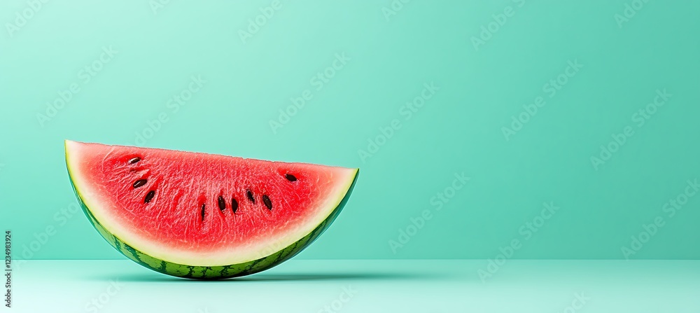 A single slice of juicy watermelon rests on a vibrant mint green background. A single slice of juicy watermelon rests on a vibrant mint green background.