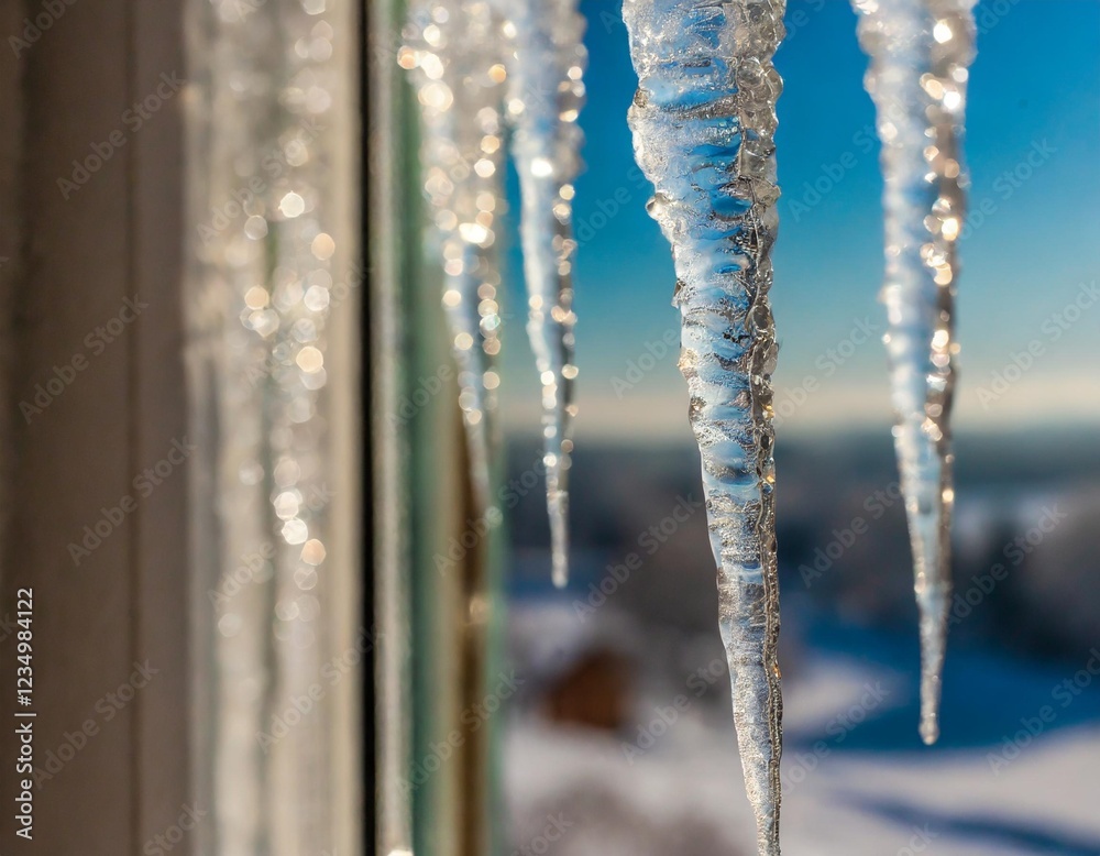 Close-Up of a Frosted Window with Delicate Icicles Hanging Outside Close-Up of a Frosted Window with Delicate Icicles Hanging Outside