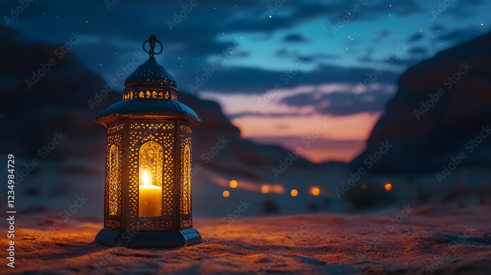 A Beautifully Crafted Lantern Glows Warmly In The Heart Of A Desert Landscape Under A Starlit Sky, Creating A Serene And Mystical Atmosphere. A Beautifully Crafted Lantern Glows Warmly In The Heart Of A Desert Landscape Under A Starlit Sky, Creating A Serene And Mystical Atmosphere.