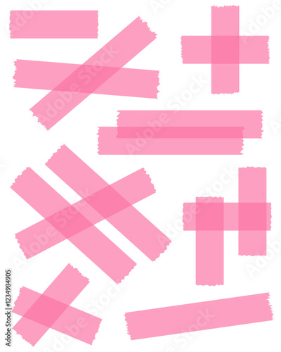 Set of pink semi-transparent washi tapes isolated on white. Tapes collection in vector. Pieces of decorative tape for scrapbooks. Torn paper. Love, Valentine's Day